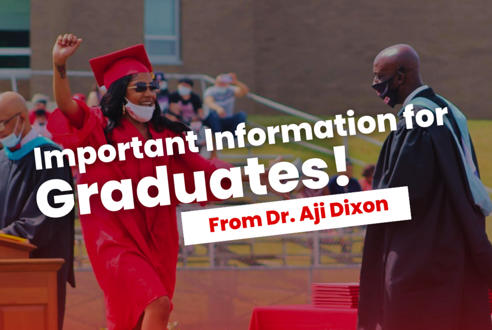 A graduate raises her fist happily as she accepts her diploma from Dr. Aji Dixon
